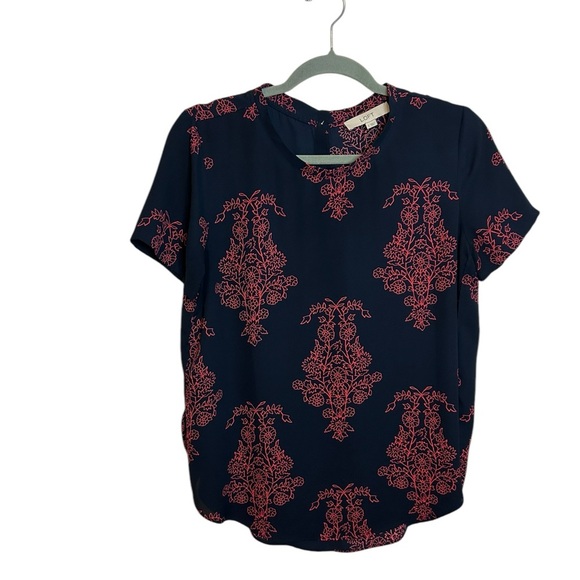Loft Navy Blue Floral Short Sleeve Flowy Blouse - Picture 1 of 3